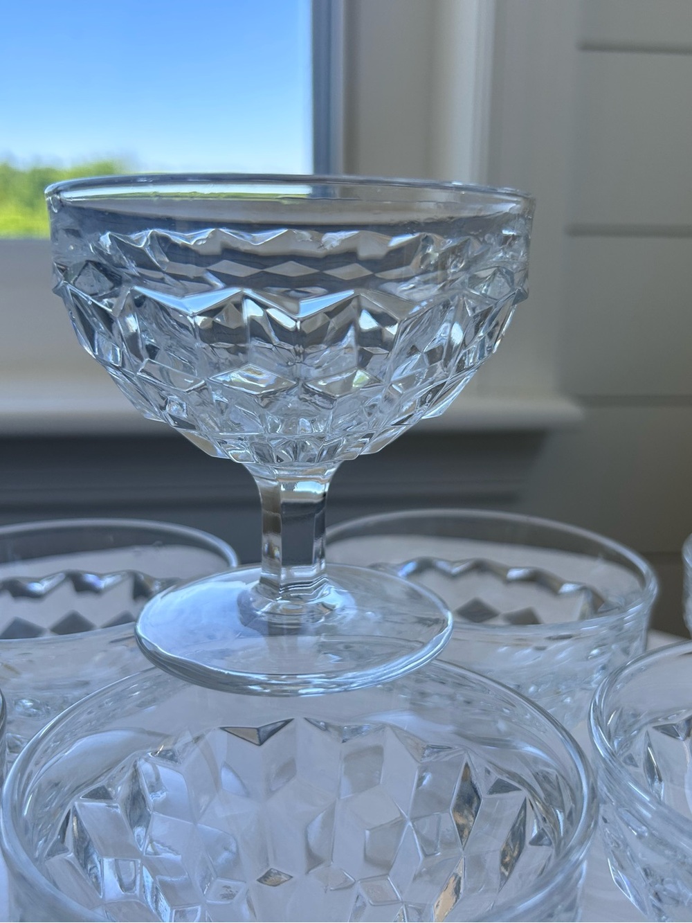 Set Of 4 Fostoria American Footed Sherbets Dessert Glasses Cube Pattern 2056